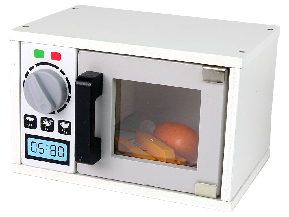 Micro-ondas madeira brinquedo com alimentos