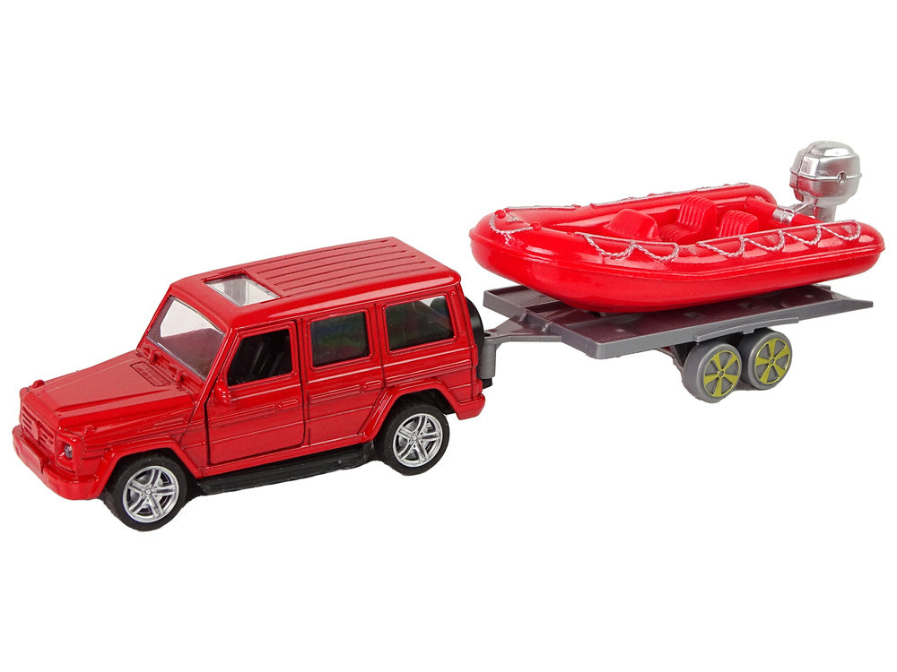 Veículo de bombeiros com barco e jipe de fricção vermelho