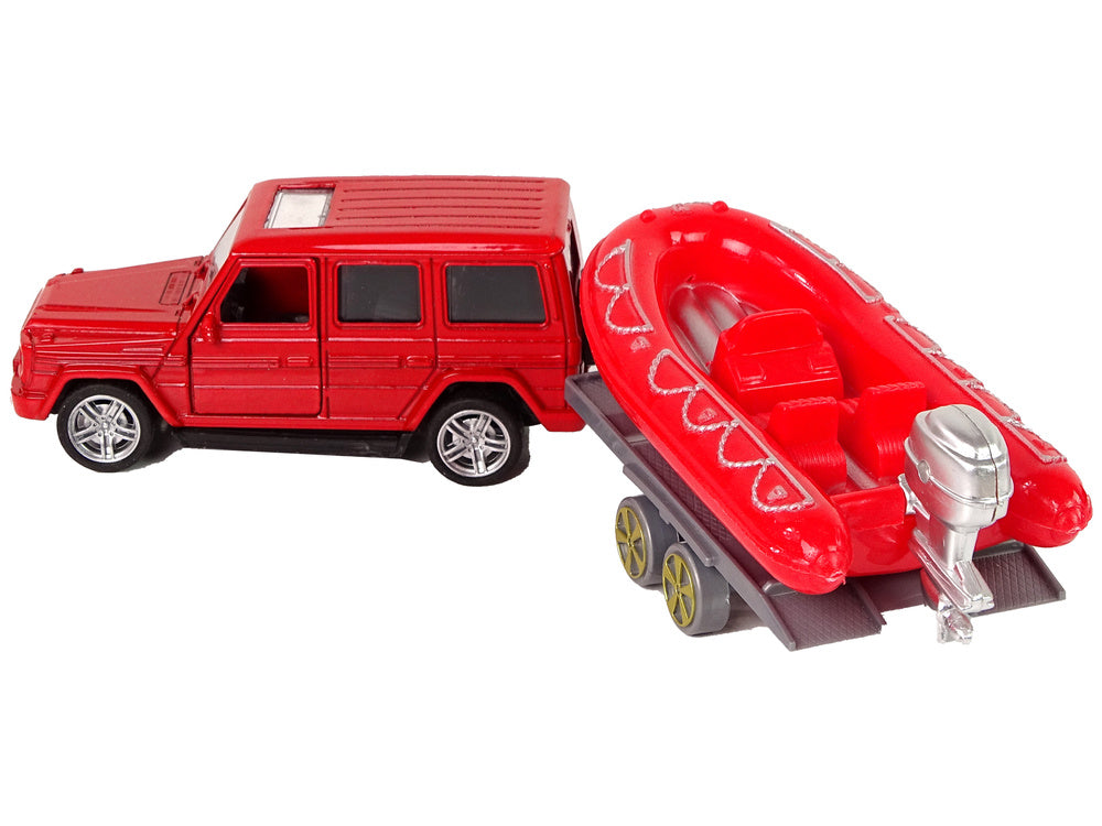 Veículo de bombeiros com barco e jipe de fricção vermelho