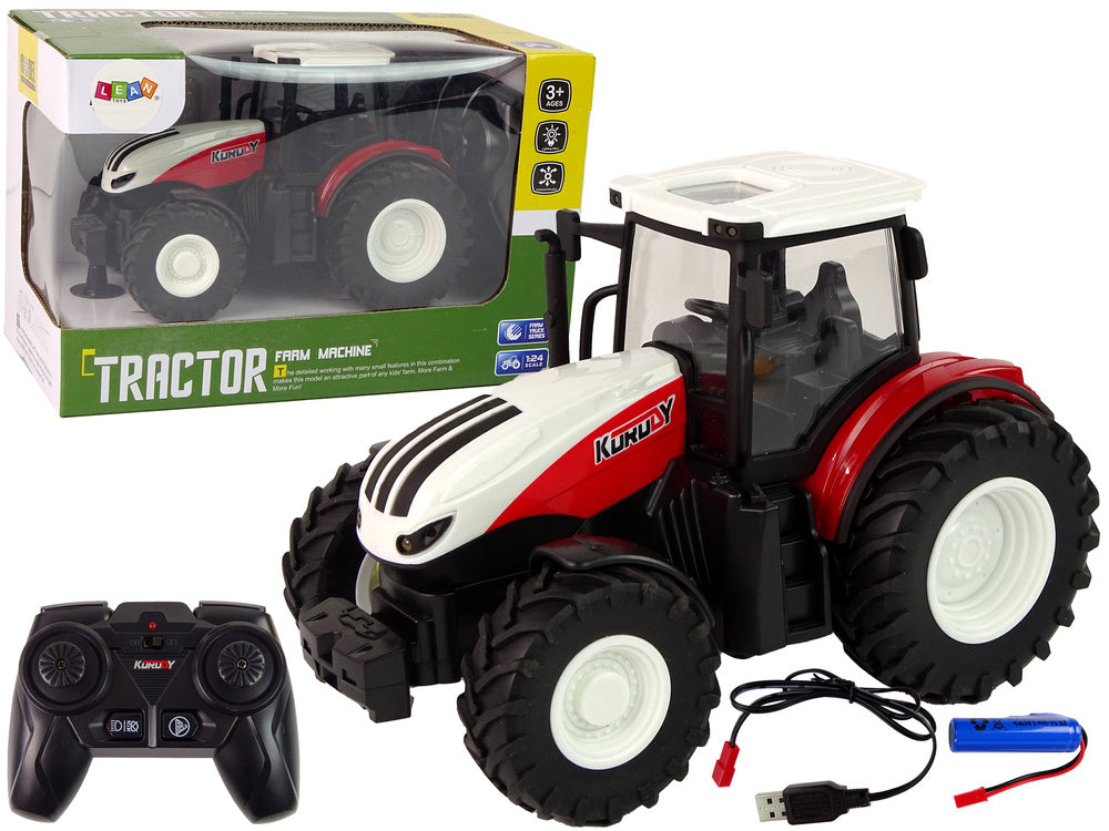 Trator agrícola telecomandado 1:24 branco e vermelho