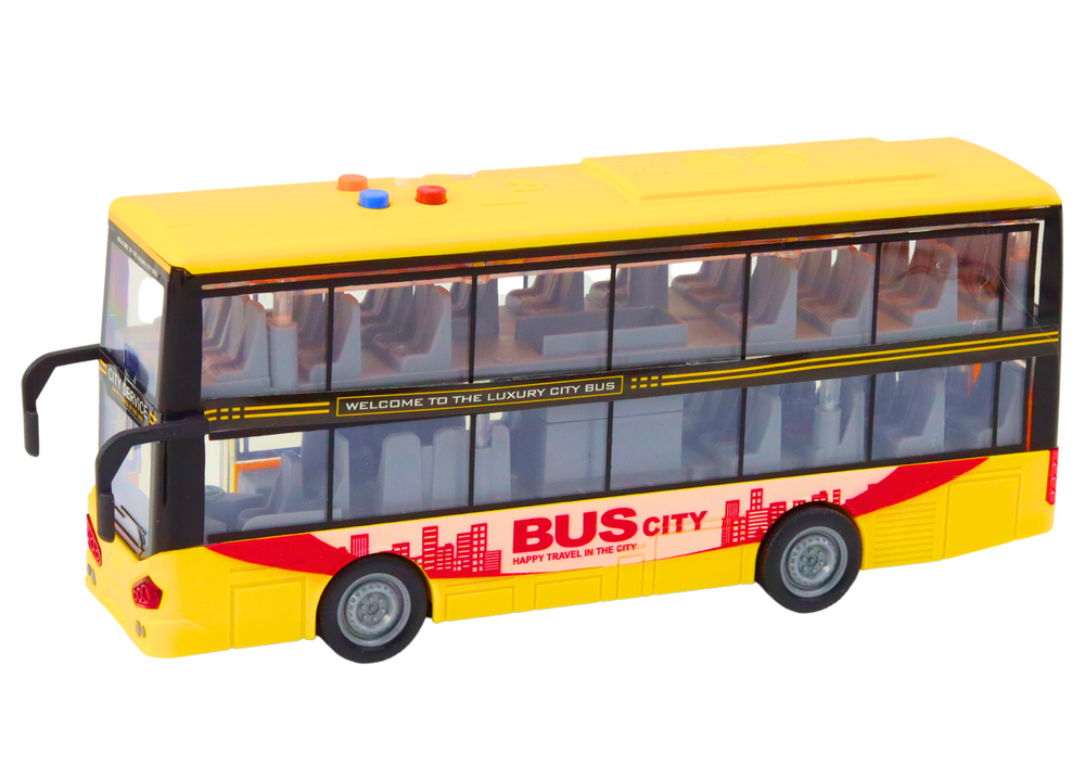 Autocarro de dois andares amarelo 1:16 com luz, som e fricção