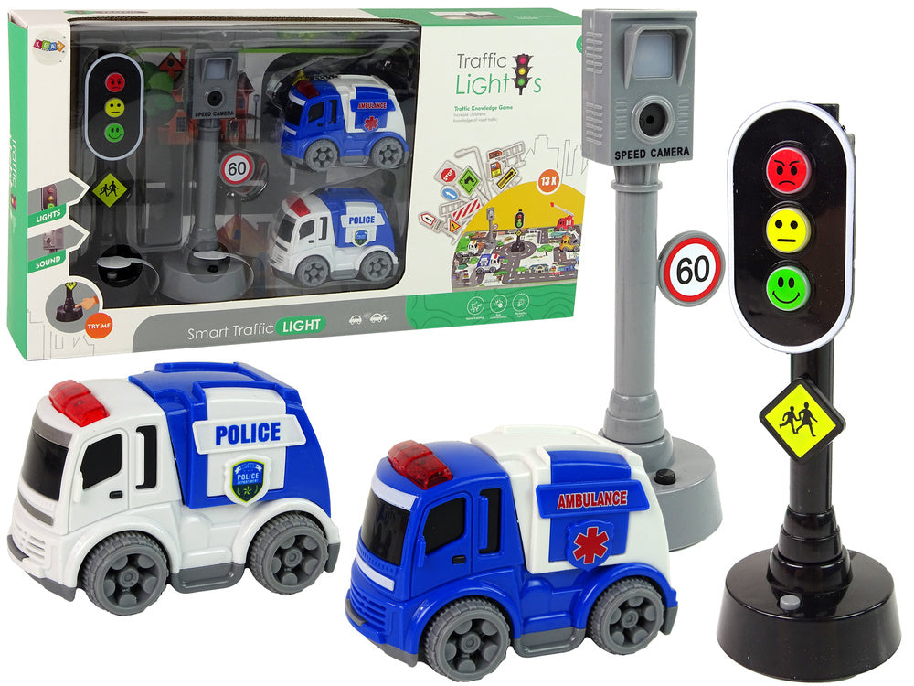 Conjunto de carros com semáforos e sinais de trânsito