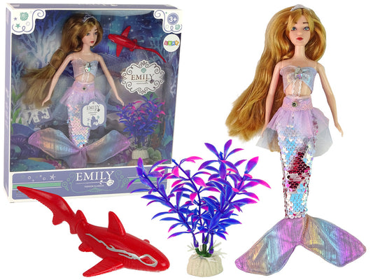 Boneca sereia Emily rosa com acessórios