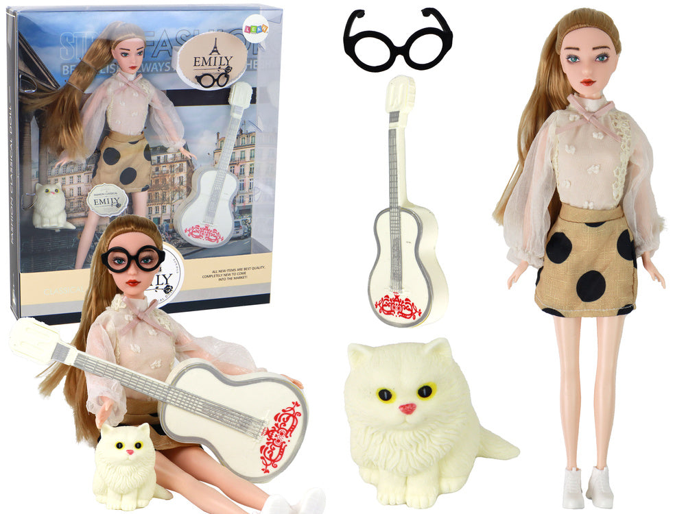 Boneca Emily com guitarra, óculos, cabelo loiro comprido e gato