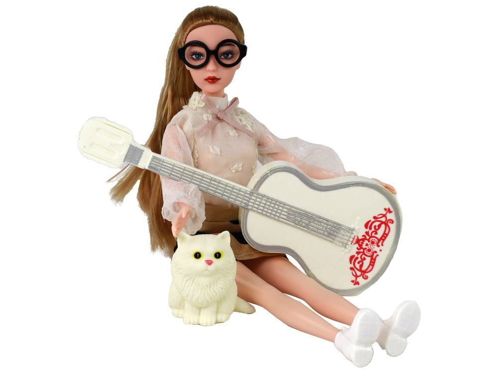 Boneca Emily com guitarra, óculos, cabelo loiro comprido e gato