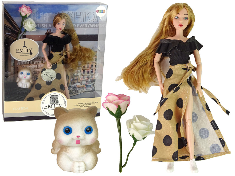 Boneca Emily com gato rosa e cabelo comprido
