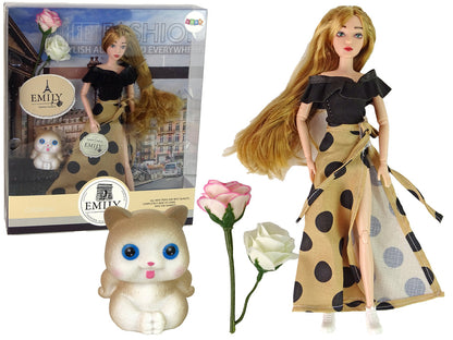 Boneca Emily com gato rosa e cabelo comprido