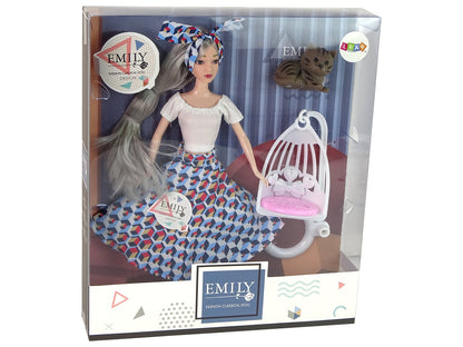 Boneca Emily com cabelo cinzento, gato e baloiço