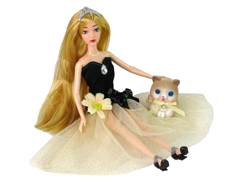Boneca Emily com cabelo comprido, gatinho e flor
