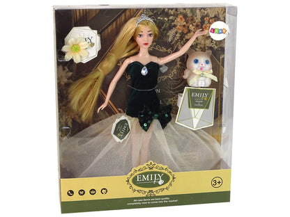Boneca Emily com cabelo comprido, gatinho e flor