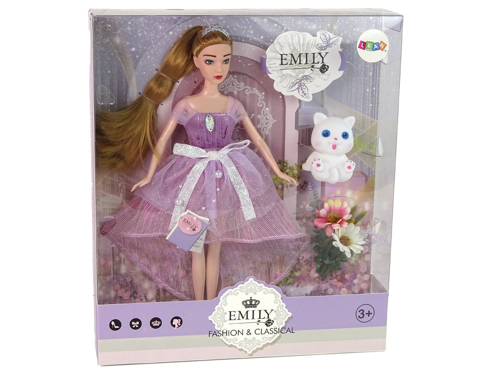 Boneca Emily com cabelo comprido e gato branco