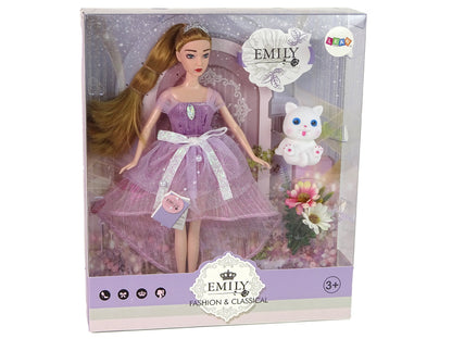 Boneca Emily com cabelo comprido e gato branco