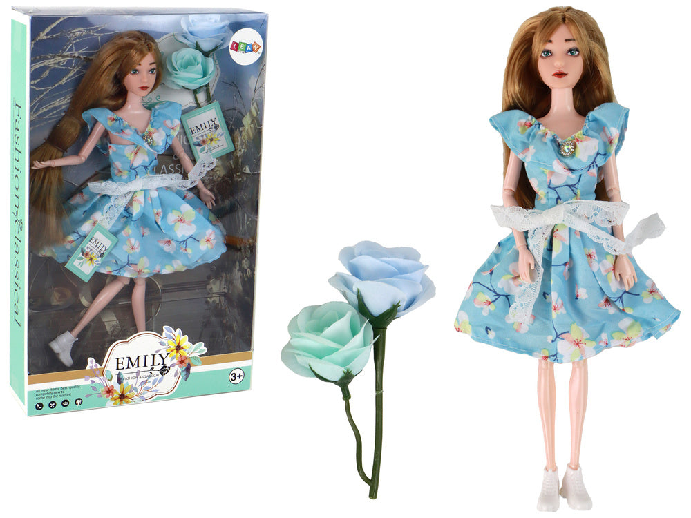 Boneca Emily primavera cabelo comprido azul vestido florido