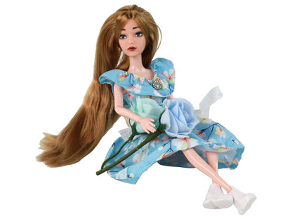 Boneca Emily primavera cabelo comprido azul vestido florido