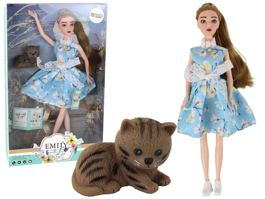 Boneca Emily primavera cabelo comprido azul vestido com gato