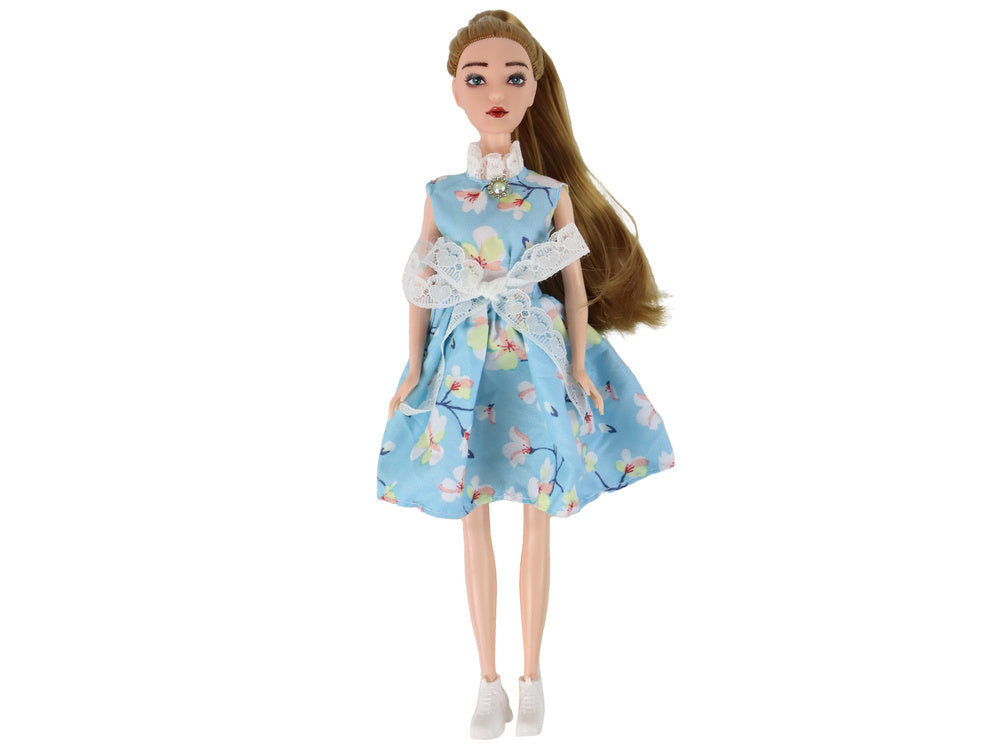 Boneca Emily primavera cabelo comprido azul vestido com gato