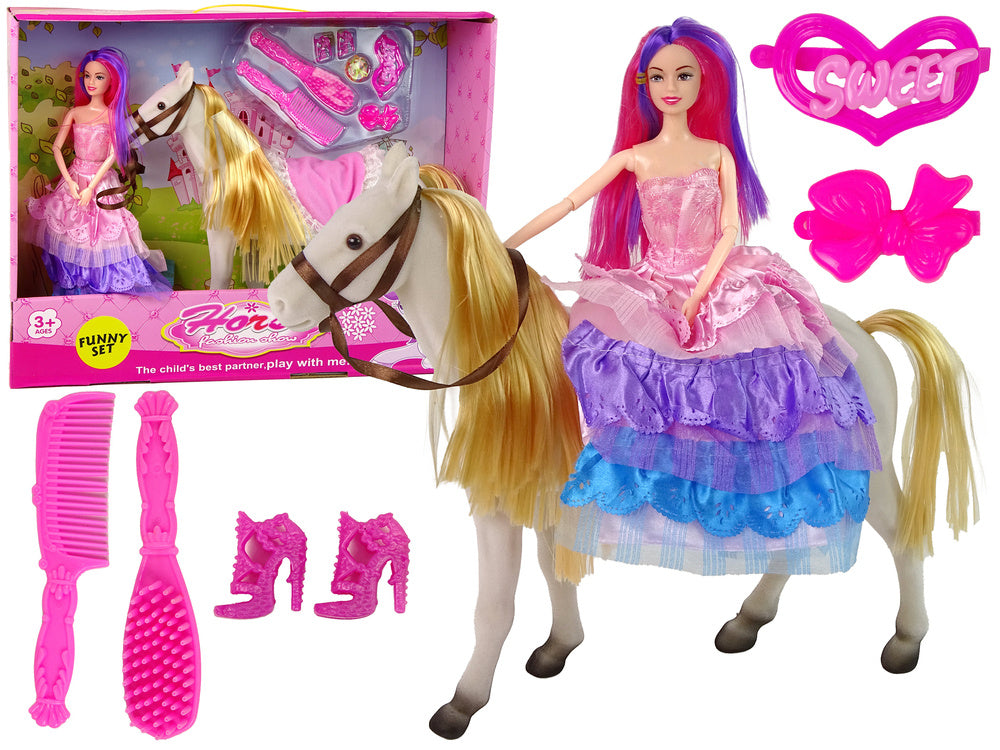 Boneca princesa com pónei branco e acessórios