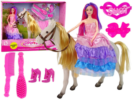 Boneca princesa com pónei branco e acessórios