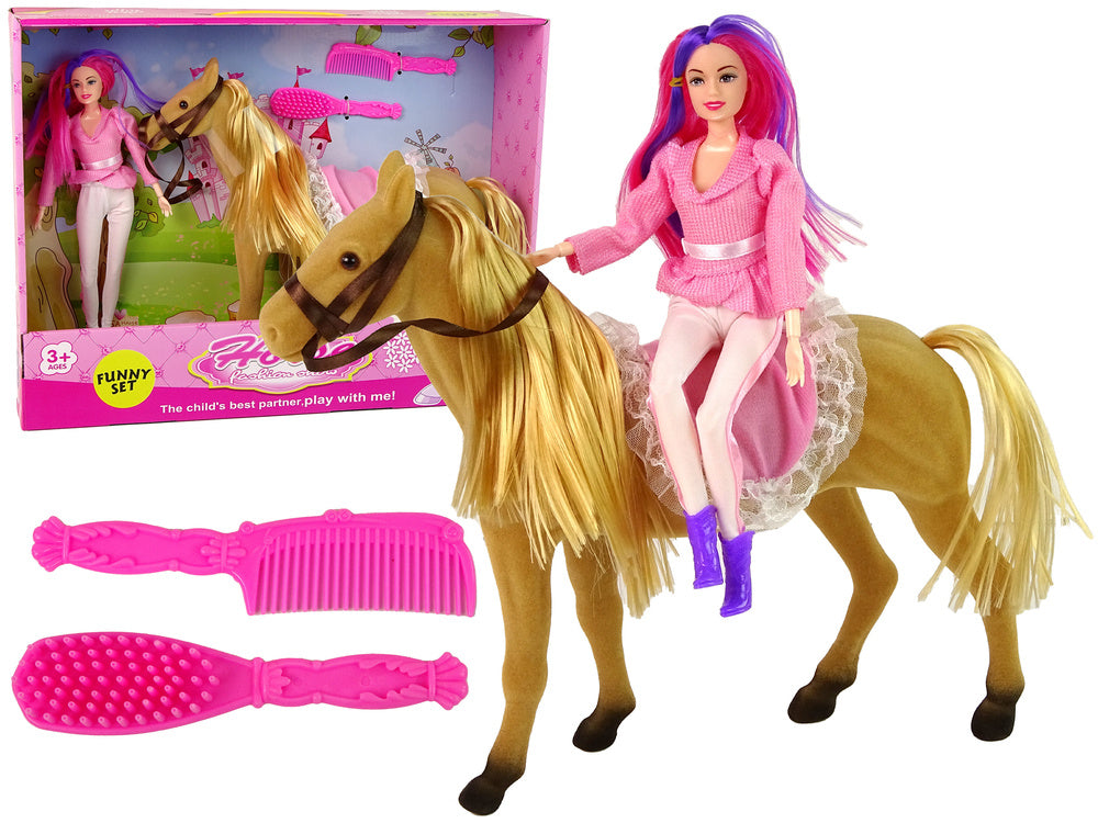 Boneca com pónei castanho e acessórios