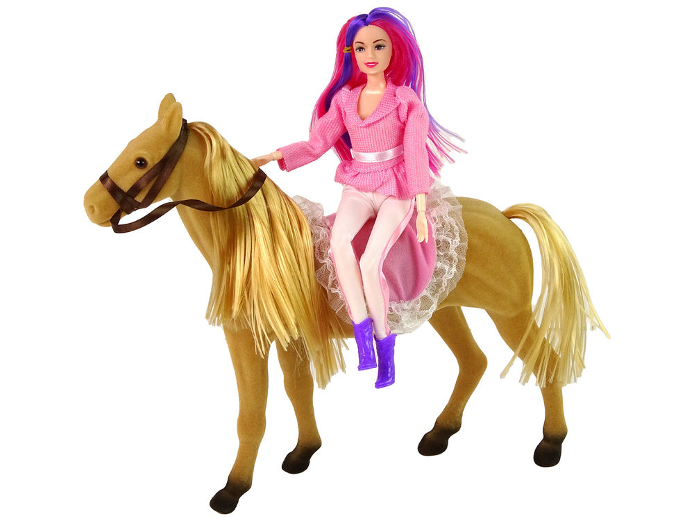 Boneca com pónei castanho e acessórios
