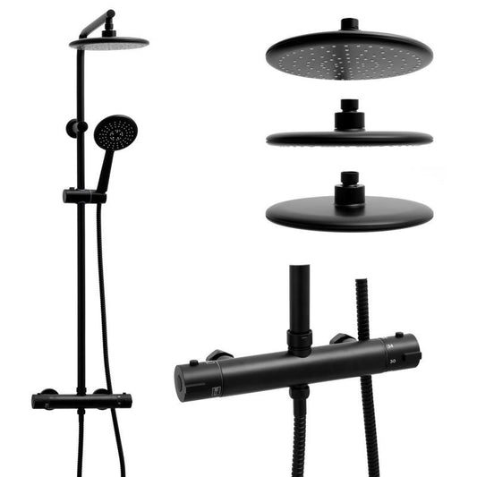 Conjunto de duche com termostato e chuveiro 20 cm preto