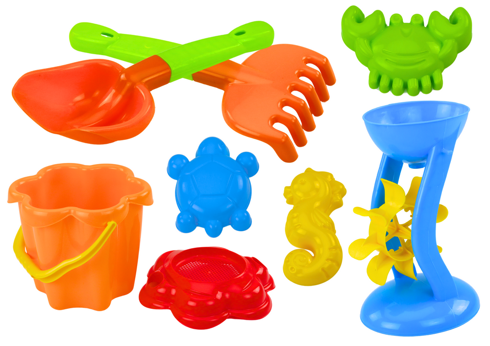 Conjunto areia balde moinho peneira moldes 9 peças