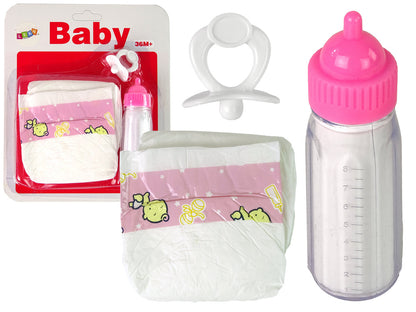Kit bebé com chupeta, biberão e fraldas