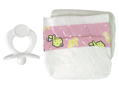 Kit bebé com chupeta, biberão e fraldas