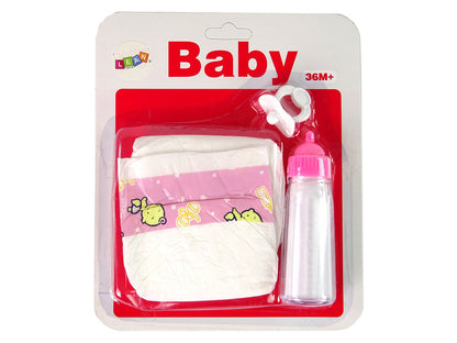 Kit bebé com chupeta, biberão e fraldas