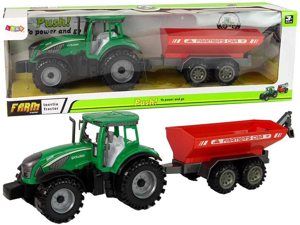 Trator verde com reboque vermelho fricção