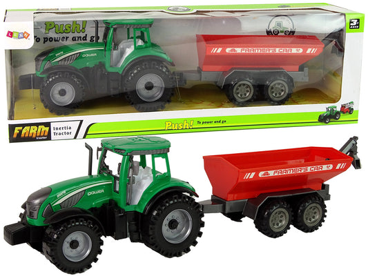 Trator verde com reboque vermelho fricção