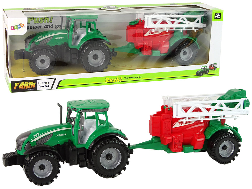 Trator agrícola verde com pulverizador vermelho e verde de fricção