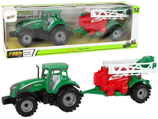 Trator agrícola verde com pulverizador vermelho e verde de fricção