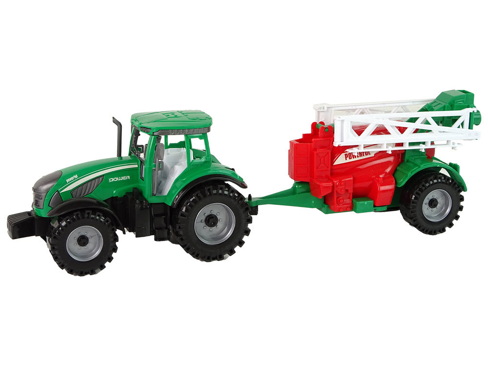 Trator agrícola verde com pulverizador vermelho e verde de fricção