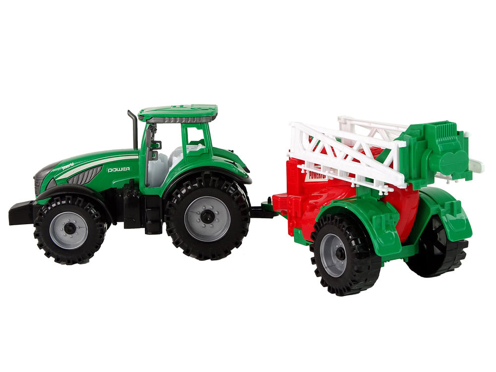 Trator agrícola verde com pulverizador vermelho e verde de fricção