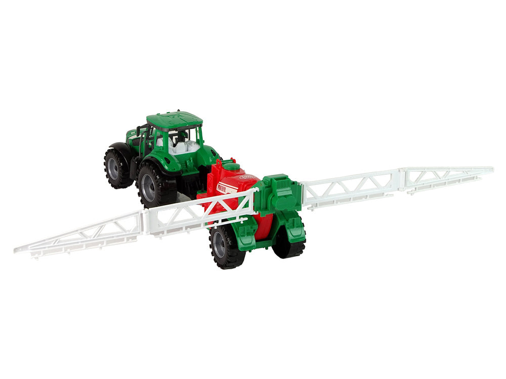 Trator agrícola verde com pulverizador vermelho e verde de fricção