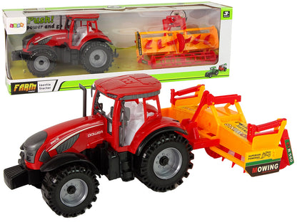 Trator vermelho com cultivador laranja