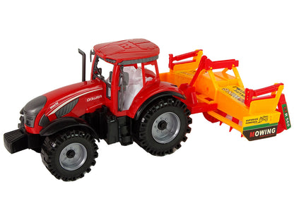 Trator vermelho com cultivador laranja