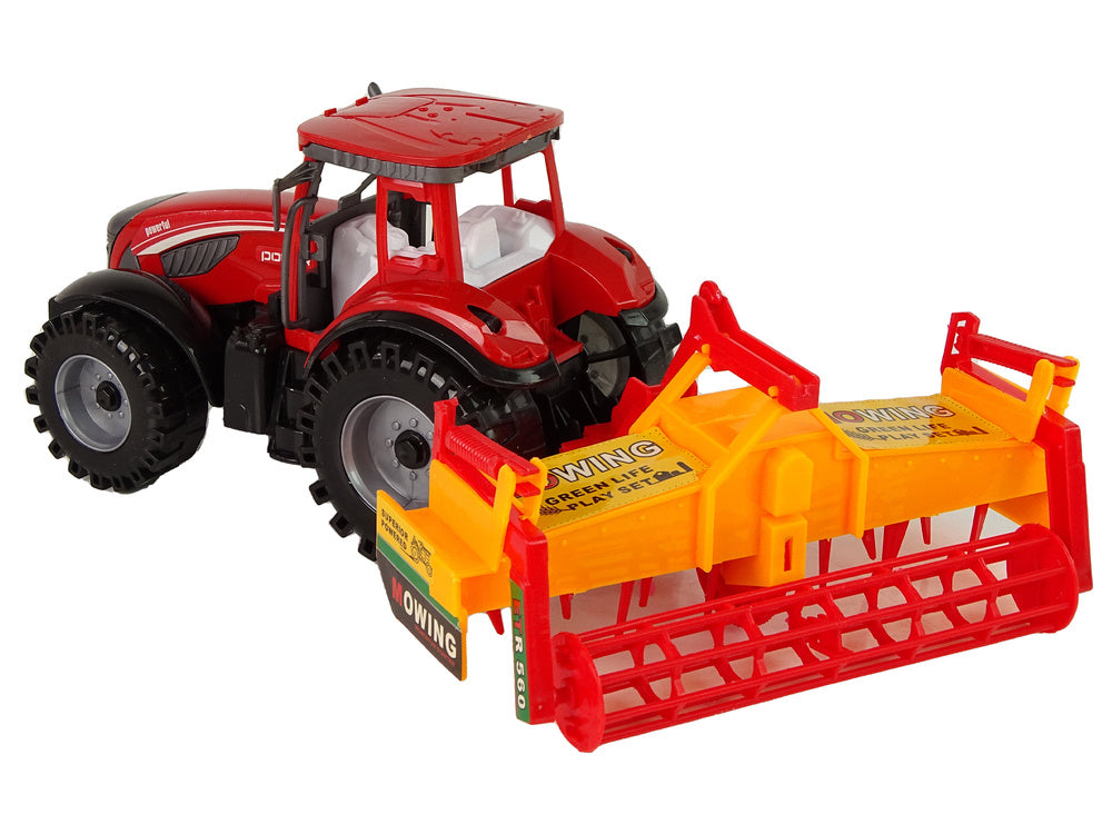 Trator vermelho com cultivador laranja