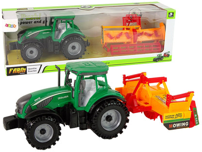 Trator verde com cultivador laranja