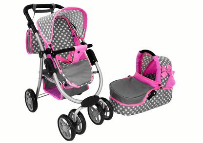 Carrinho Boneca 2 em 1 Alcofa Rosa Estrelas Deluxe