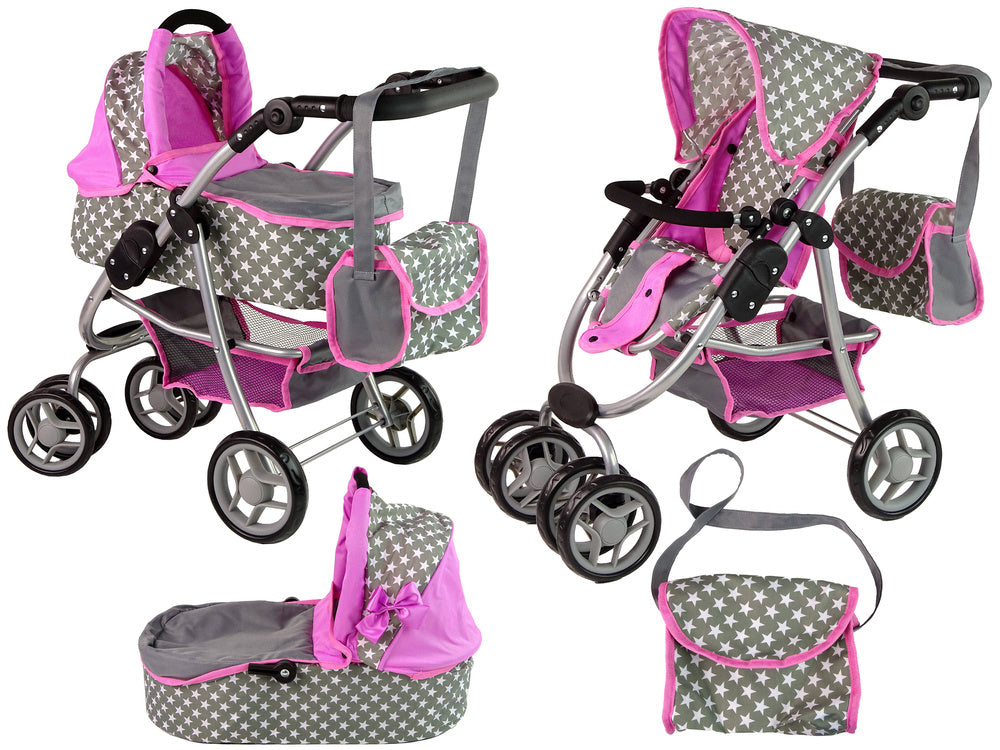 Carrinho Boneca 2 em 1 Alcofa Rosa Estrelas Deluxe