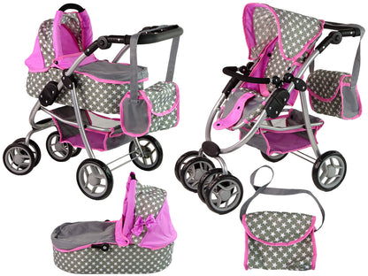Carrinho Boneca 2 em 1 Alcofa Rosa Estrelas Deluxe