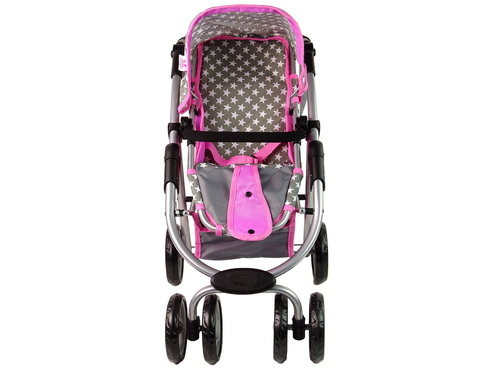 Carrinho Boneca 2 em 1 Alcofa Rosa Estrelas Deluxe