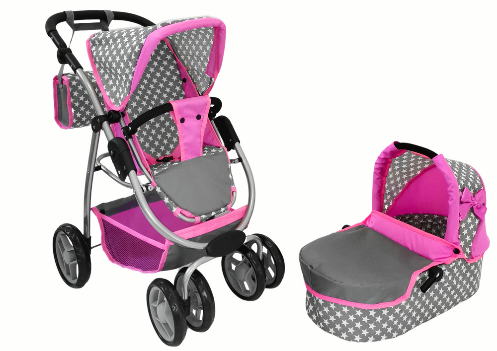 Carrinho Boneca 2 em 1 Alcofa Rosa Estrelas Premium