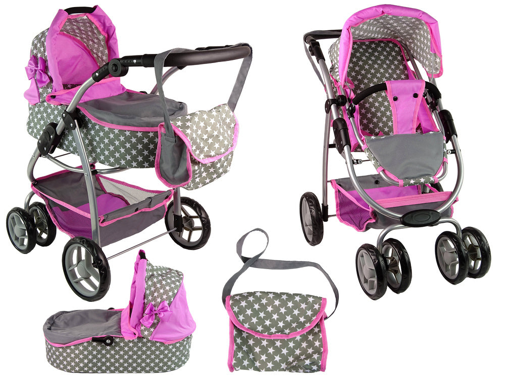 Carrinho Boneca 2 em 1 Alcofa Rosa Estrelas Premium