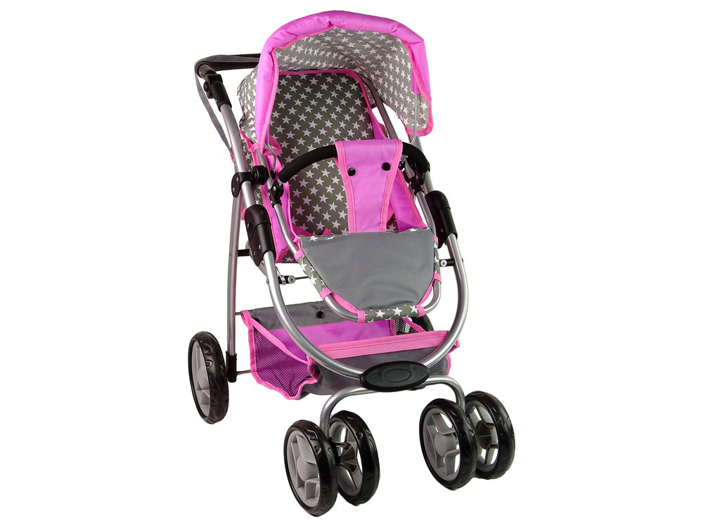 Carrinho Boneca 2 em 1 Alcofa Rosa Estrelas Premium