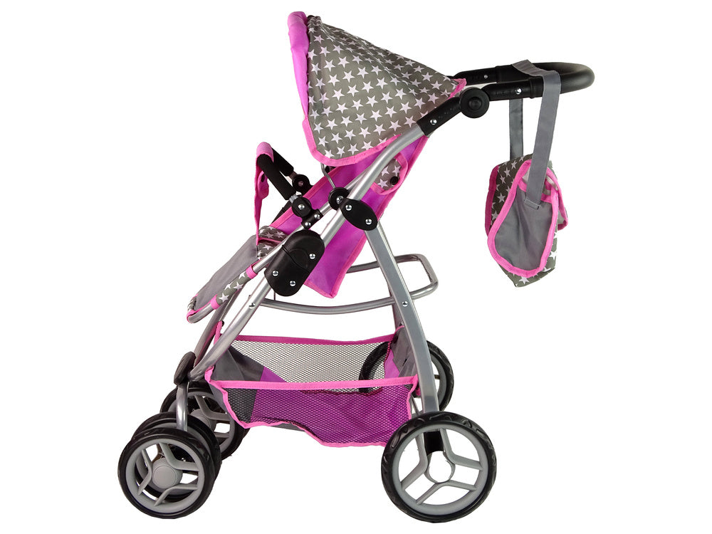 Carrinho Boneca 2 em 1 Alcofa Rosa Estrelas Premium