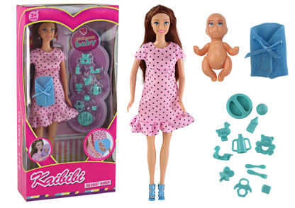 Boneca grávida cor-de-rosa com acessórios