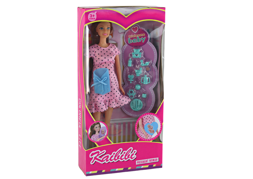 Boneca grávida cor-de-rosa com acessórios